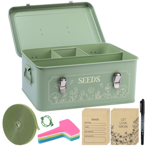 Pimoys Metal Seed Storage Box With Lid, 4 Compartments, Garden Organizer