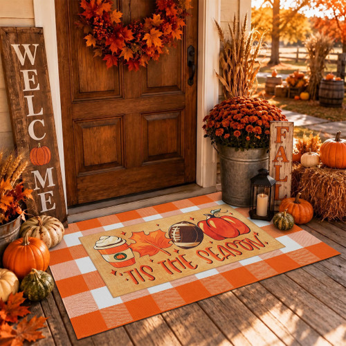 TIKIRUGI 2 Pcs Fall Football Doormat, Layered Pumpkin Welcome Mat with Orange White Buffalo Plaid Mat, Tis The Season Autumn Maple Leaves Front Door Mats, Non Slip Seasonal Porch Decor for Entrance