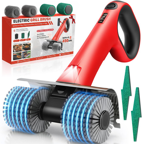 NeatLt Electric Grill Brush for Outdoor Grill, Cordless BBQ Grill Cleaner with Dual Rotating Heads, 450 RPM Motorized Grill Cleaning Brush with Forward & Reverse, 6-Piece Replaceable Brush Set