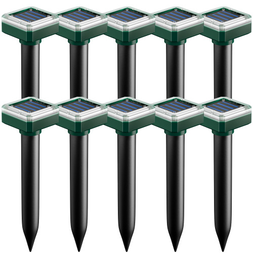 Mole Repellent Solar Powered 10 Pack,Upgraded Ultrasonic Gopher & Vole Deterrent, IP44 Waterproof Snake Repeller, Solar Sonic Spikes for Pest Control in Large Lawns Gardens & Farms