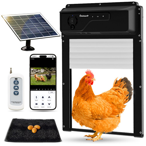 Chickaura Automatic Chicken Coop Door Solar Powered with Nesting Pad - Waterproof Chicken Door with Timer, HD Camera, Anti-Pinch Protection, Mobile App & Remote Control, Alarm System, Mic & Speaker