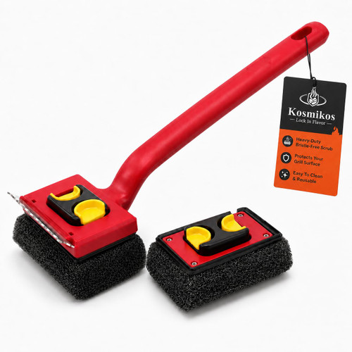 Kosmikos Bristle-Free BBQ Grill Brush for Outdoor Grill, Steam Grill Cleaner with Scraper & 2 Detachable Scrub Heads for Gas, Charcoal, Porcelain, Cast Iron Grates
