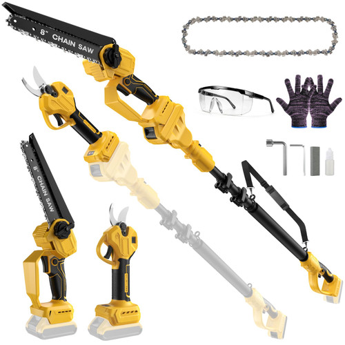 4-in-1 Cordless Pole Saw/Electric Pruning Shears Combo for Dewalt 20V Max Battery(No Battery), Brushless 8 Inch Chainsaw/Pole Pruner with 15 Ft Reach Extension Pole for Tree Trimming/Branch Cutting