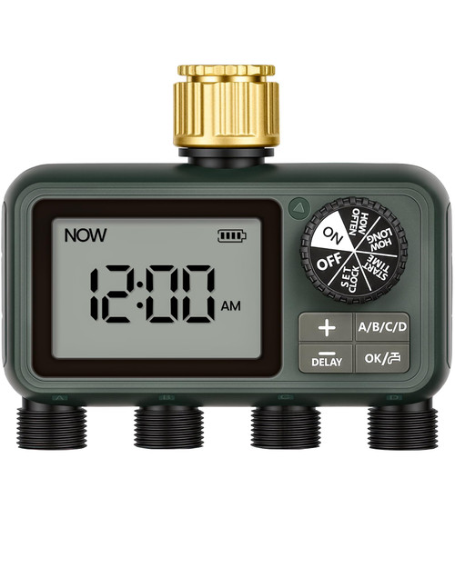 WILAWELS Brass Sprinkler Timer with Swivel, Programmable Water Timer for Garden Hose with Auto/Manual/Rain Delay Watering, Digital Irrigation System Kit,for Garden, Yard, Lawn 4 Outlet F14WT06