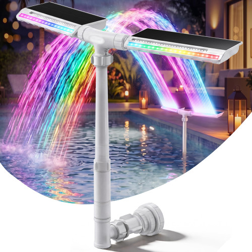 2026 Upgraded Solar Pool Fountain, Dual-Head Adjustable, Extended 8000mah Battery, 10-Color 4-Mode LED Lights, Auto Dusk Sensor & Timer, Pool Fountains for Inground/Above Ground Pools (Multi-Color)