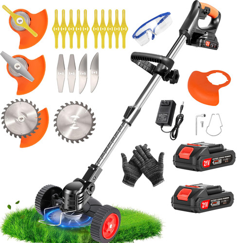 21V Cordless Weed Wacker with Wheels, 3-in-1 String Trimmer, Lawn Edger & Brush Cutter for Thick Weeds, 2 Batteries, 4 Types Blades, Adjustable Height, 90° Pivot Head, Lightweight Yard Tool