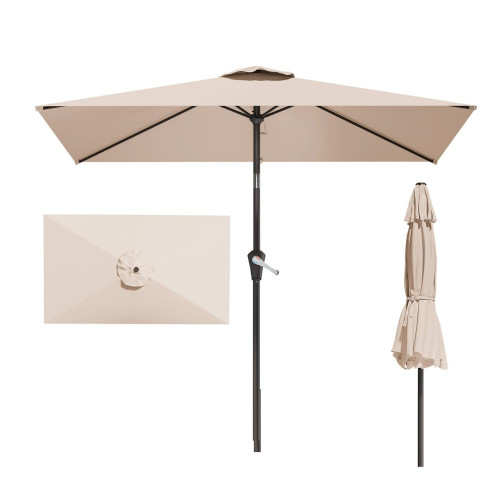 Patio Kingdom 6.5' x 10' Rectangular Patio Umbrella Large Outdoor Market Umbrella w/UV Protection, Push Button Tilt and Crank Lift, Rectangle Table Umbrella for Garden, Deck, Pool, Patio, Beige