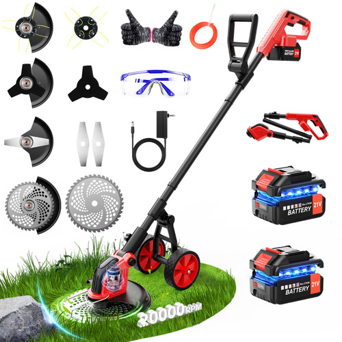 20000 RPM Electric Weed Wacker with Wheel,12″ Brushless Cordless Weed Eater Battery Powered, 4-in-1 Brush Cutter/String Trimmer/Grass Edger Tool/Lawn Mower, Stringless Weed Trimmer,5 Blade,2 Battery