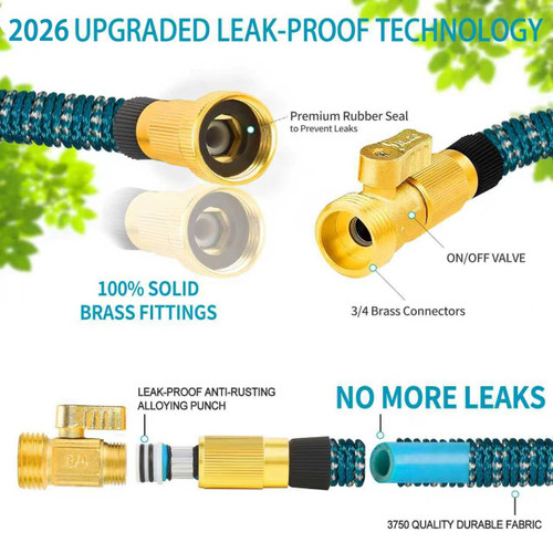 100 ft Expandable Garden Hose - Durable 3750D Fabric, 4-Layer Latex Core, Solid Brass Connectors Expanding Water hoses - 10 Spray Nozzles & Convenient Storage Bag Included