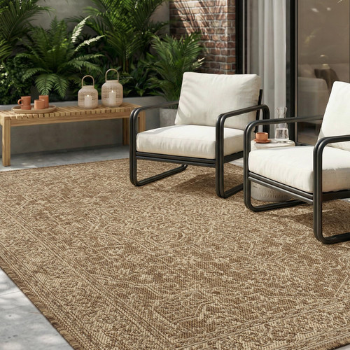 MontVoo-Outdoor Rug-Patio Rug 5x7 ft Polypropylene Indoor Outdoor Rugs Carpet for Patio Deck Balcony Porch, Textured Weave, Durable for High Traffic, Fade-Resistant, Vintage Medallion Neutral Brown