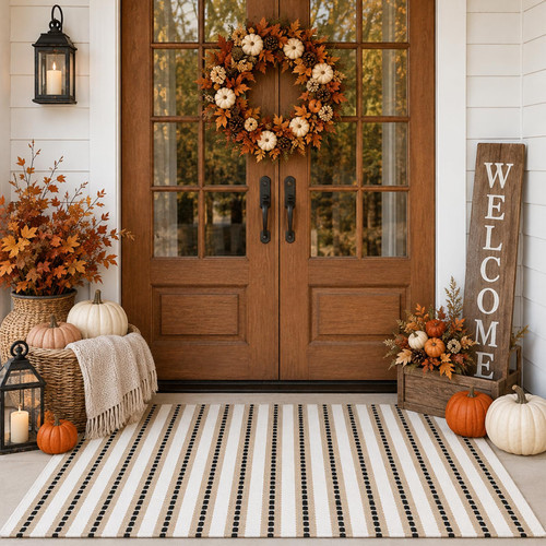 Moucuny 3' X 5' Khaki Black White Fall Vertical Stripe Outdoor Rug