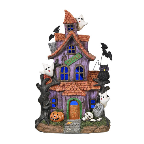 Valery Madelyn Halloween Decorations, Lighted Halloween Village Houses with LED Lights, Resin Spooky Town Happy Haunted House for Home and Party Table Desk Mantel, 12 Inch
