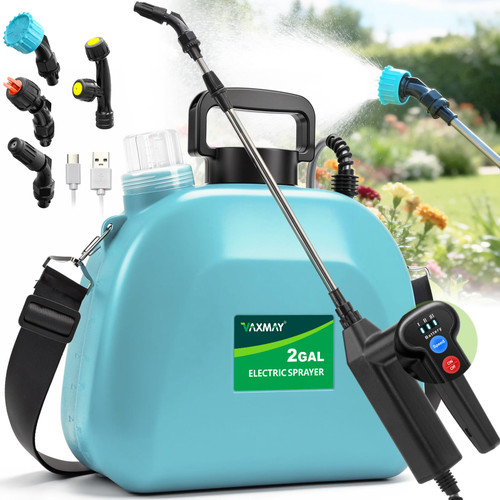 VAXMAY Battery Powered Sprayer 2 Gallon, Upgrade Electric Garden Sprayer with 3 Adjustable Speed, Battery Indicator, 4 Mist Nozzles, Rechargeable Handle, Retractable Wand, Shoulder Strap for Weed Lawn