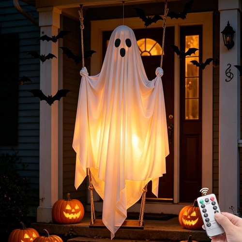 Halloween Hanging Ghost Decorations, 5FT Swinging Ghost with Remote Lights