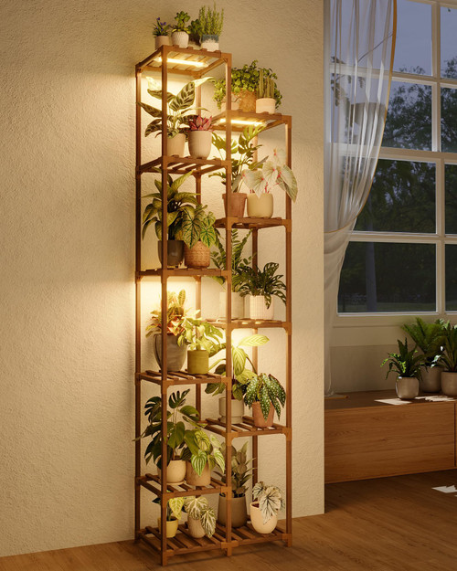Bamworld Plant Stand with Grow Lights, 11 Tier Tall Large Wood Plant Shelf
