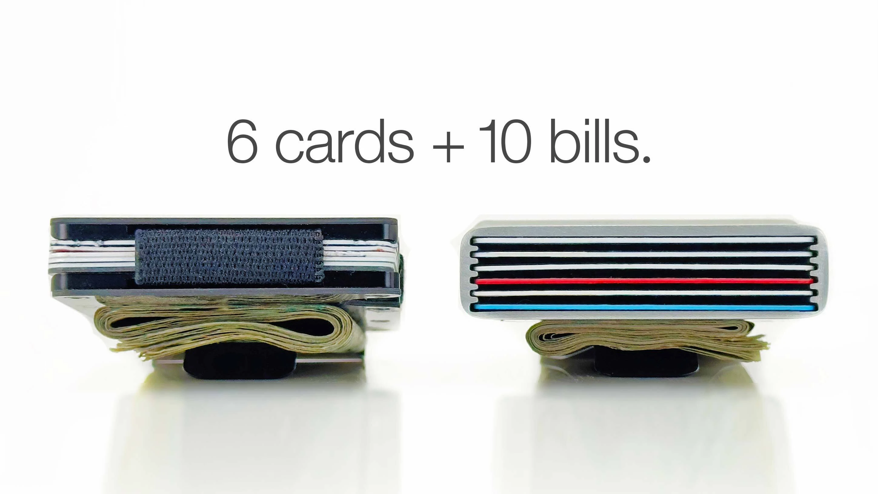 Side-by-side comparison of six cards and ten bills carried in a plate wallet and an ACM Wallet