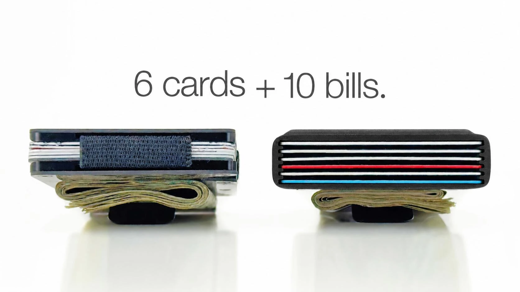 Side-by-side comparison of six cards and ten bills carried in a plate wallet and an ACM Wallet