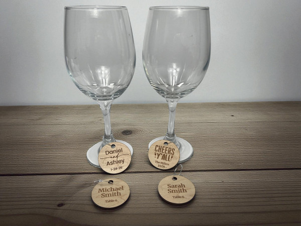 Laser engraved wood wine glass charms for weddings or parties