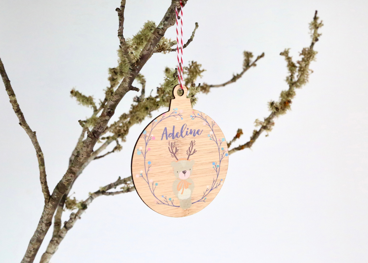 Coloured - UV Printed - Personalised wreath and reindeer Christmas tree decoration