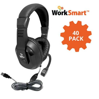 WorkSmart Plus Deluxe-Sized USB Headset with Boom Gooseneck Microphone, Padded Headband and Leatherette Ear Cushions - 40 Pack 212572