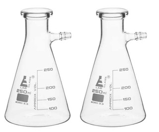 2 Pack Filter Flasks, 250ml - Borosilicate Glass with Glass Side Arm and Plastic Tube 212146