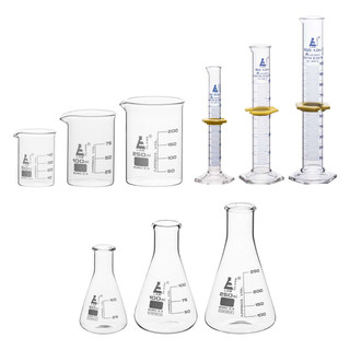 Safety Pack Mixed Glassware Set, 9 Pieces - Includes 3 Beakers, 3 Erlenmeyer Flasks & 3 ASTM, Class A Measuring Cylinders - Borosilicate 3.3 Glass 211986