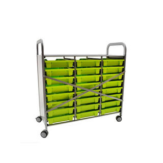 Gratnells Callero Triple School Activity Cart, Silver, 24 Shallow Jolly Lime F1 Trays, Rolling Storage Education & Business Organizer, Casters 221104