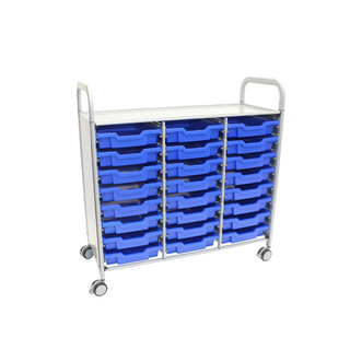 Gratnells Callero Triple School Activity Cart, Silver, 24 Shallow Royal Blue F1 Trays, Rolling Storage Education & Business Organizer, Casters 221112