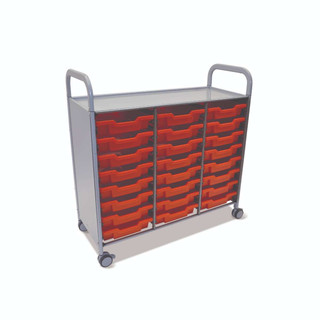 Gratnells Callero Triple School Activity Cart, Silver, 24 Shallow Flame Red F1 Trays, Rolling Storage Education & Business Organizer, Casters 221114