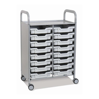 Gratnells Callero Double Column School Activity Cart, Silver, 16 Shallow Light Grey F1 Trays, Rolling Storage Organizer, Casters 221140