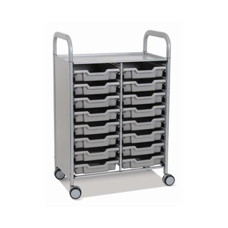 Gratnells Callero Double Column School Activity Cart, Silver, 16 Shallow Silver F1 Trays, Rolling Storage Organizer, Casters 221146