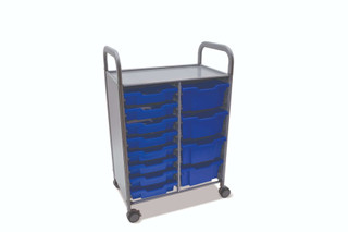 Gratnells Callero Double Metal Cart, 8 F1 Shallow & 4 F2 Deep Royal Blue Trays, Feet or Casters, Ideal for School Activity and Business Use 221302