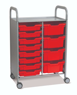 Gratnells Callero Double Metal Cart, 8 F1 Shallow & 4 F2 Deep Flame Red Trays, Feet or Casters, Ideal for School Activity and Business Use 221304