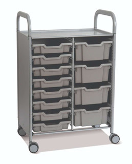 Gratnells Callero Double Metal Cart, 8 F1 Shallow & 4 F2 Deep Silver Trays, Feet or Casters, Ideal for School Activity and Business Use 221314