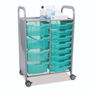 Gratnells Callero Double Metal Cart, 8 F1 Shallow & 4 F2 Deep Kiwi Trays with an Antimicrobial Finish, Feet or Casters, Ideal for School Activity and Business Use (SSET18442929) 221316