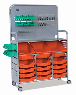 Gratnells MakerSpace Cart with 3 Deep (F2) and 12 Shallow (F1) Tropical Orange Trays, 12 Mini Bins, School Education Organizer Caddy, STEM STEAM, Casters 221380