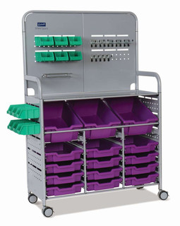 Gratnells MakerSpace Cart with 3 Deep (F2) and 12 Shallow (F1) Plum Purple Trays, 12 Mini bins, School Education Organizer Caddy, STEM STEAM, Casters 221384