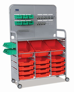 Gratnells MakerSpace Cart with 3 Deep (F2) and 12 Shallow (F1) Flame Red Trays, 12 Mini Bins, School Education Organizer Caddy, STEM STEAM, Casters 221388