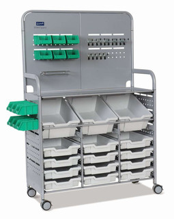 Gratnells MakerSpace Cart with 3 Deep (F2) and 12 Shallow (F1) Light Gray Trays, 12 Mini bins, School Education Organizer Caddy, STEM STEAM, Casters 221392