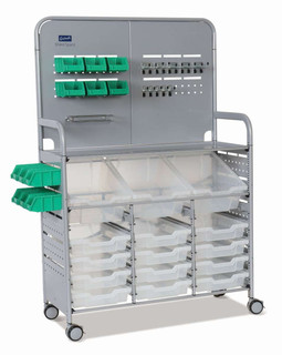 Gratnells MakerSpace Cart with 3 Deep (F2) and 12 Shallow (F1) Translucent Trays, 12 Mini bins, School Education Organizer Caddy, STEM STEAM, Casters 221394