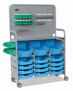 Gratnells MakerSpace Cart with 3 Deep (F2) and 12 Shallow (F1) Cyan Blue Trays, 12 Mini bins, School Education Organizer Caddy, STEM STEAM, Casters 221396