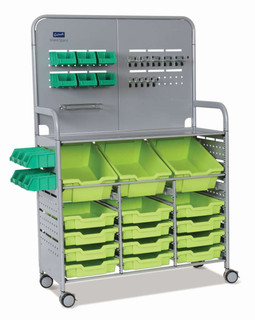 Gratnells MakerSpace Cart with 3 Deep (F2) and 12 Shallow (F1) Jolly Lime Trays, 12 Mini Bins, School Education Organizer Caddy, STEM STEAM, Casters 221402