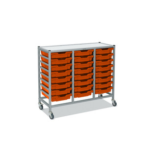 Dynamis Triple Cart Silver Frame with 3" 2 Braked Casters & Optional Feet and 24 , 3 inch deep Tropical Orange Trays. Overall Dimensions: 41.5" x 16.6" x 33.5"
