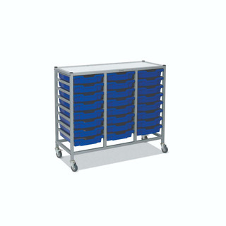 Dynamis Triple Cart Silver Frame with 3" 2 Braked Casters & Optional Feet and 24 , 3 inch deep Royal Blue Trays . Overall Dimensions: 41.5" x 16.6" x 33.5" 221438 Dynamis Triple Cart Silver Frame with 3" 2 Braked Casters & Optional Feet and 24 , 3 inch deep Royal Blue Trays . Overall Dimensions: 41.5" x 16.6" x 33.5" 221438