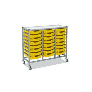 Dynamis Triple Cart Silver Frame with 3" 2 Braked Casters & Optional Feet and 24 , 3 inch deep Sunshine Yellow Trays. Overall Dimensions: 41.5" x 16.6" x 33.5"