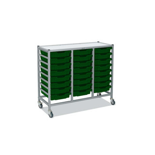 Dynamis Triple Cart Silver Frame with 3" 2 Braked Casters & Optional Feet and 24 , 3 inch deep Grass Green Trays. Overall Dimensions: 41.5" x 16.6" x 33.5" 221442