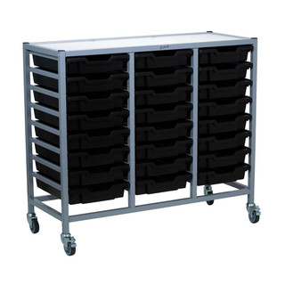 Dynamis Triple Cart Silver Frame with 3" 2 Braked Casters & Optional Feet and 24 , 3" Deep Jet Black Trays, Overall Dimensions: 41.5" x 16.6" x 33.5"_main