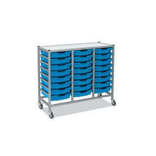 Dynamis Triple Cart Silver Frame with 3" 2 Braked Casters & Optional Feet and 24 , 3 inch deep Cyan Blue Trays. Overall Dimensions: 41.5" x 16.6" x 33.5" 221450