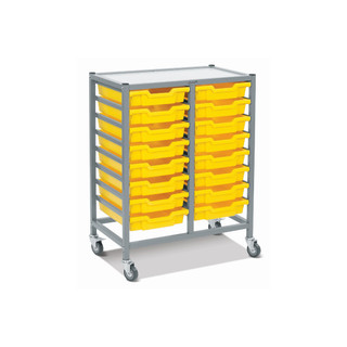 Dynamis Double Cart Silver Frame with 3" 2 Braked Casters & Optional Feet and 16 , 3 inch deep Sunshine Yellow Trays. Overall Dimensions: 28" x 16.6" x 33.5"