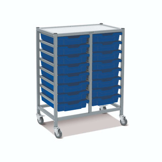 Dynamis Double Cart Silver Frame with 3" 2 Braked Casters & Optional Feet and 16, 3 inch deep Royal Blue Trays . Overall Dimensions: 28" x 16.6" x 33.5" 221462